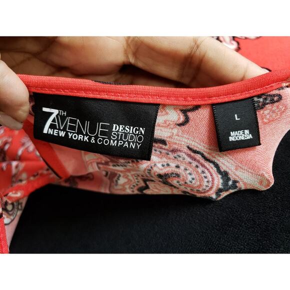 7th Avenue Blouse Women L Red Paisley Stretch Long Sleeve Ruched Cowl Neck Top - Picture 9 of 13